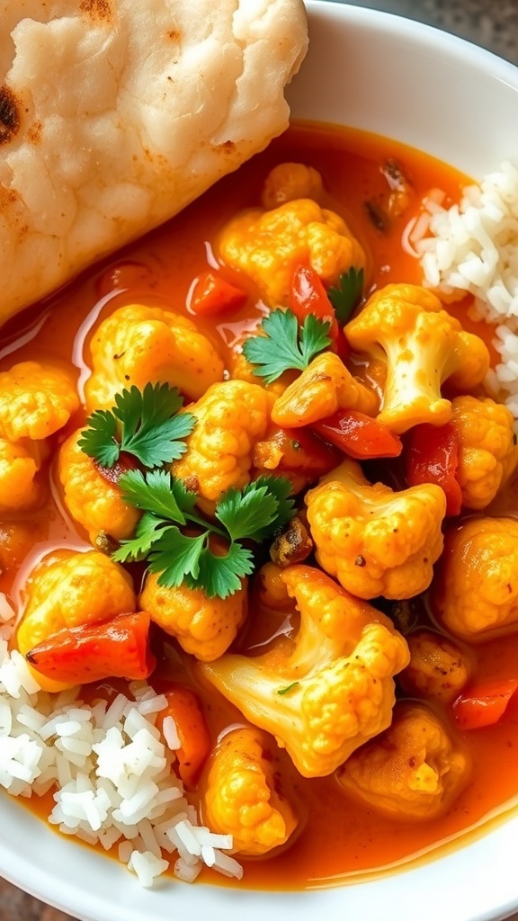 Spicy Cauliflower Curry Recipe A bowl of spicy cauliflower curry with cilantro, served with rice and naan.